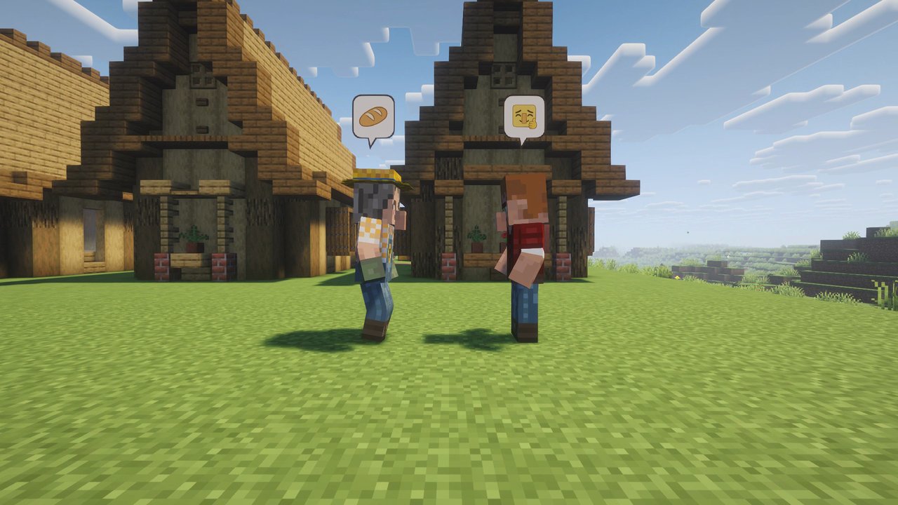 Two villagers chatting, with speech bubbles