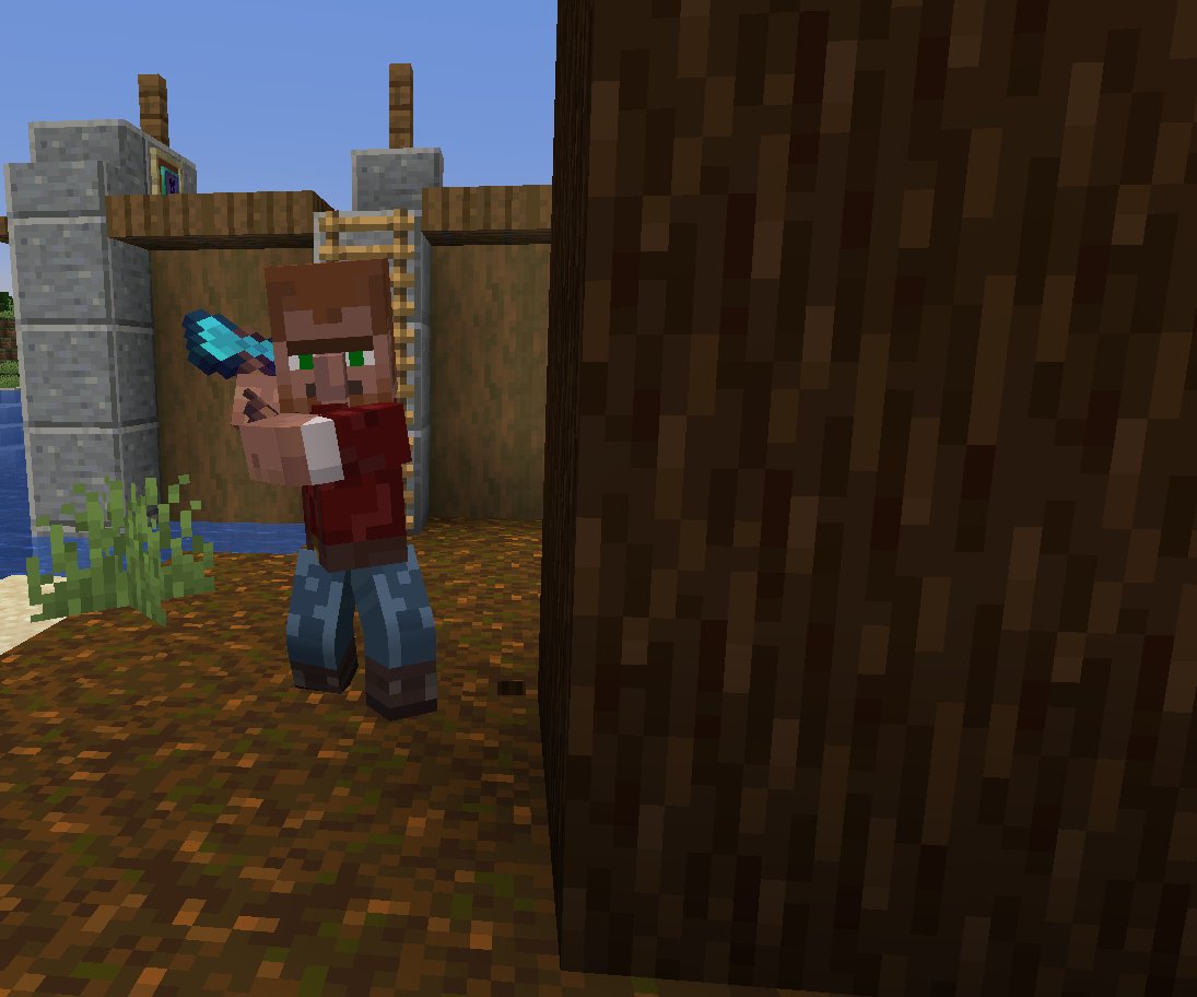A lumberjack with a diamond axe chopping a thick dark oak trunk