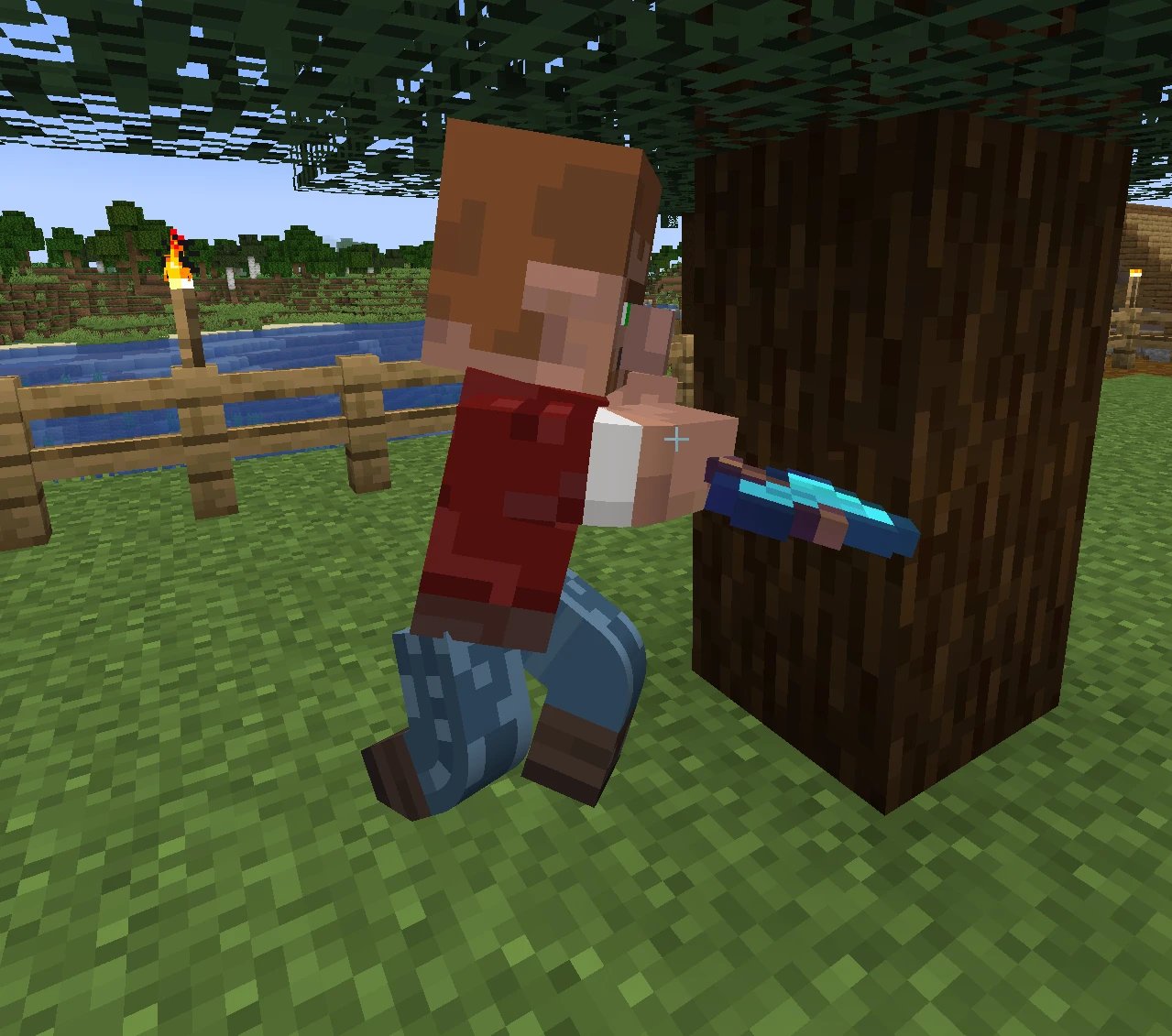 A lumberjack chopping an oak tree