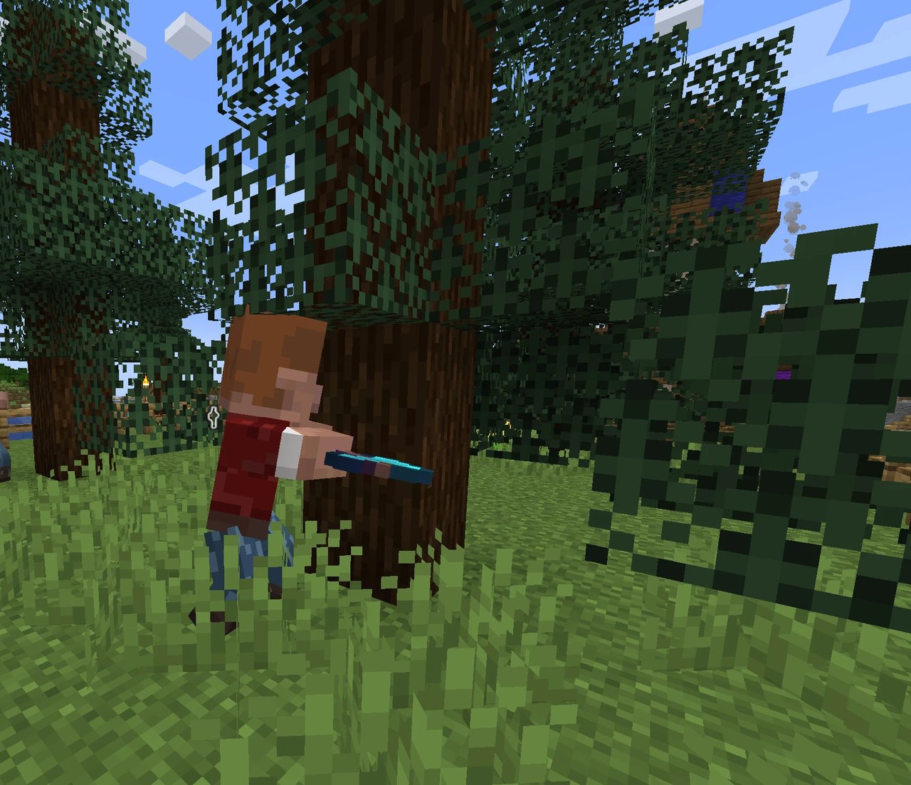 A lumberjack cutting through leaves to reach a trunk