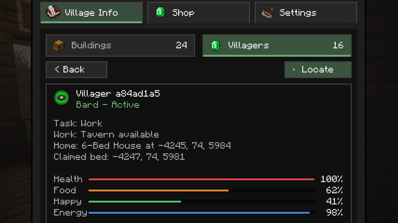 The Mayor's screen open on the Village Info tab