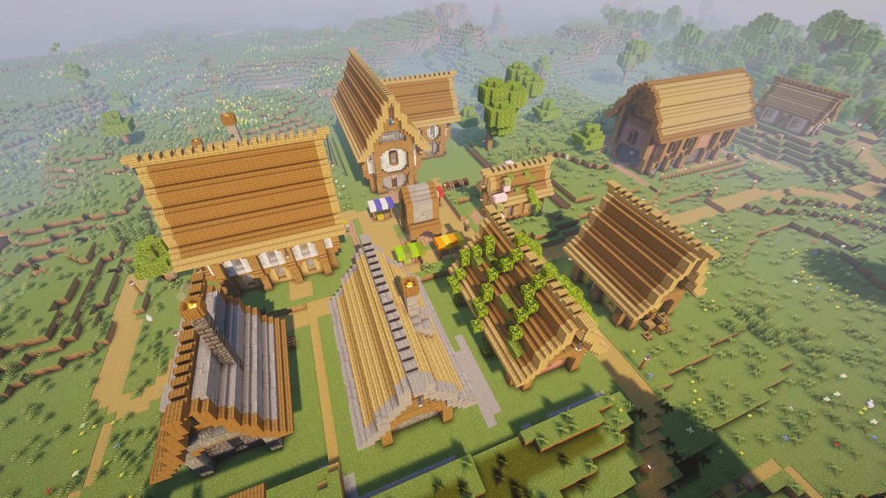 A TownTopia village from above: houses, fields and a market